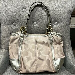 COACH Tan Canvas and Gold Leather Large Boho Shoulder Bag